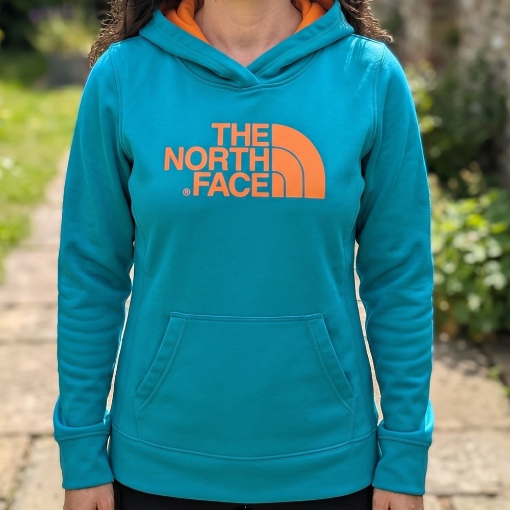 The North Face Womens Teal Orange Logo Pullover Hoodie Fleece‎ Sweatshirt S/P